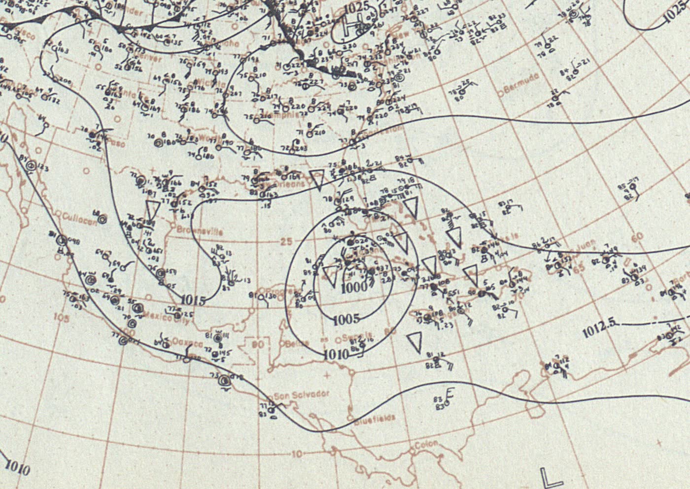 Hand-drawn weather map of the Gulf of Mexico, 5 September 1900, with pressure lines and station readings
